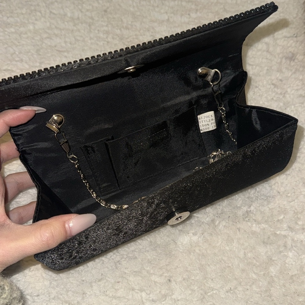 NWOT Vintage Formal Rhinestone Black Silky Clutch Purse - Picture 5 of 6